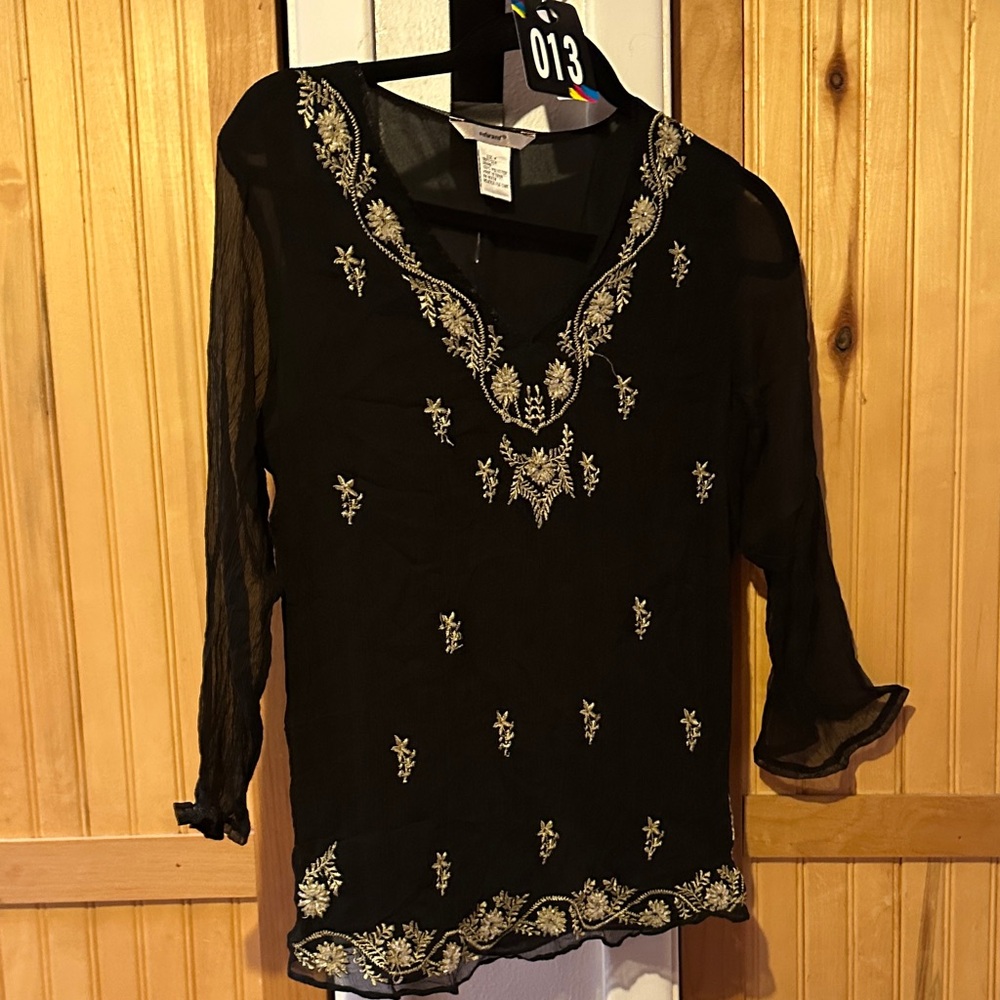Black 100 % Silk embroidery Blouse with Gold